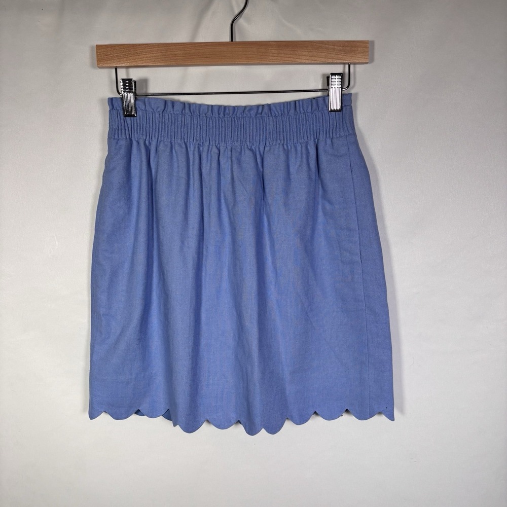 J Crew Linen Skirt Womens Small 0 Scallop Hem Resort Coastal Pull On Cotton Blue